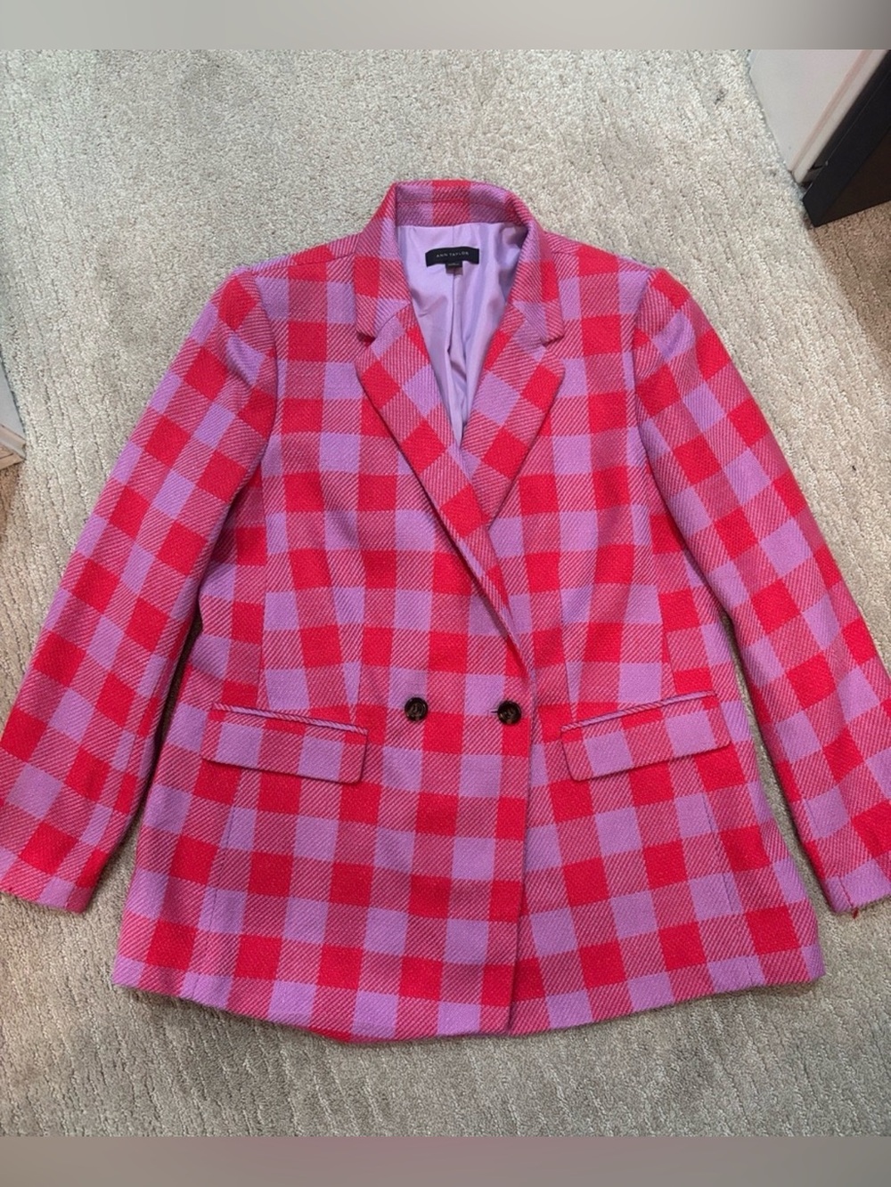 Ann Taylor lavender and Red Plaid Double-Breasted Blazer jacket blazer